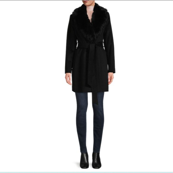 Sofia Cashmere Shearling Collar Wool Blend Wrap Coat - Picture 2 of 9